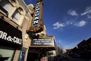 Michigan Theater, in Ann Arbor, highlighting Ann Arbor Polish Film Festival on theater sign